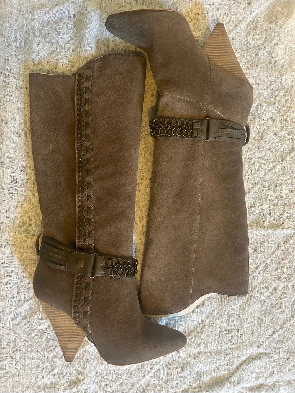 bebe Brown Suede-Look Mid-Calf Wedge Boots with Braided Strap